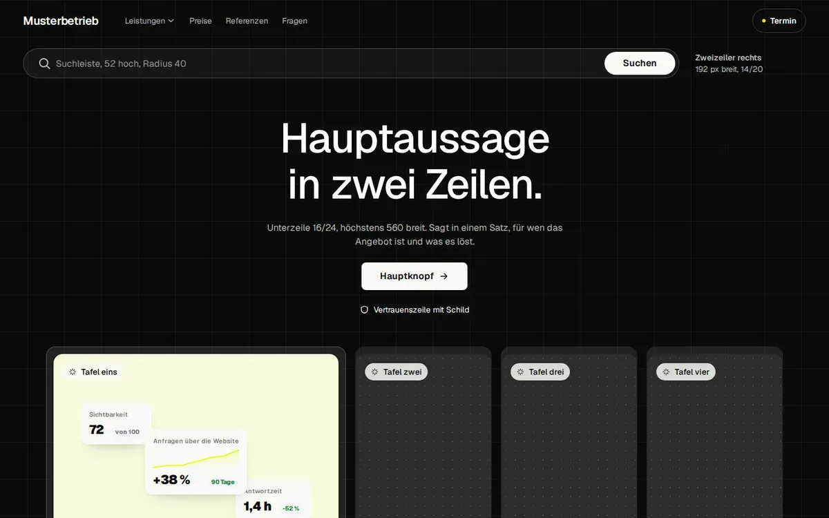 Startbildschirm des Designs Kachel: dunkle Bühne mit Suchleiste und abgerundeten Karten