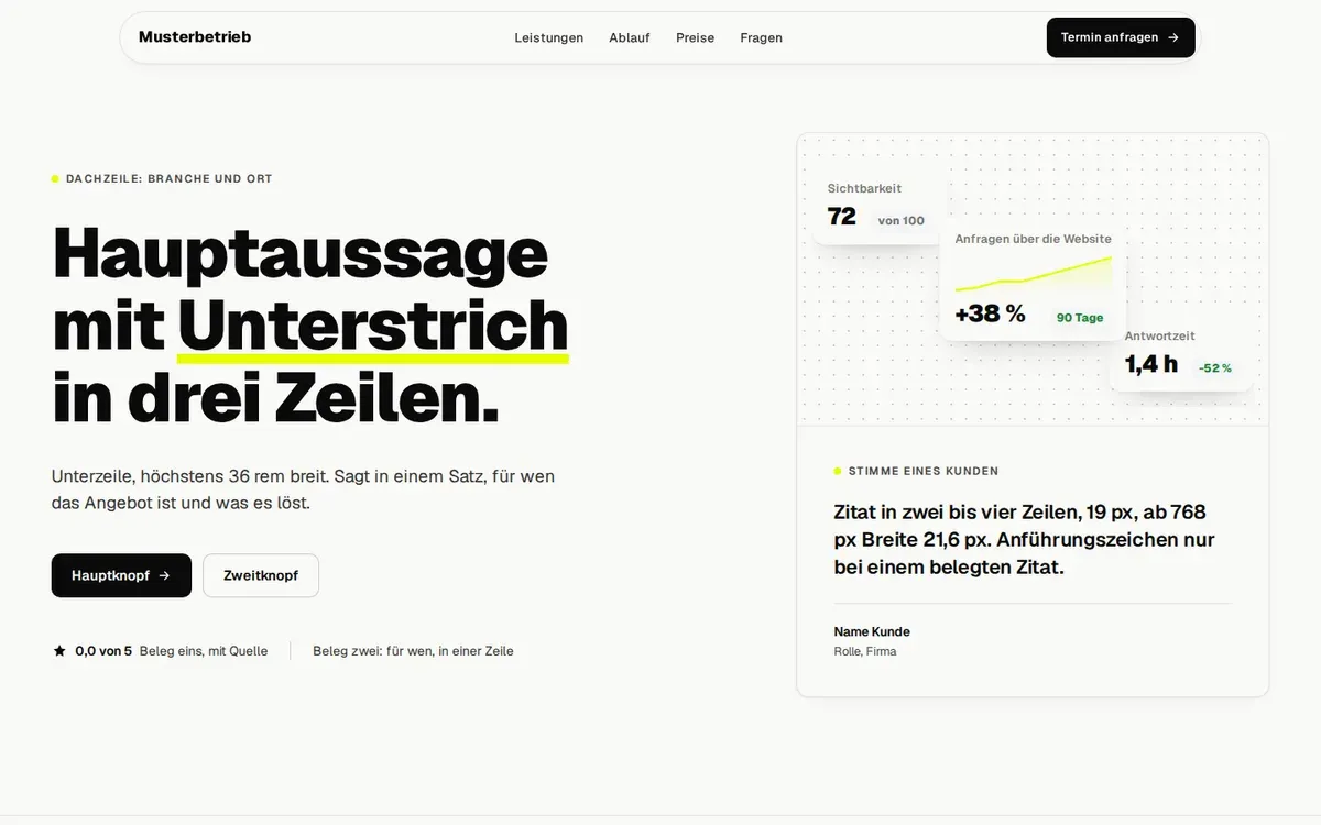 Startbildschirm des Designs Plakat: große fette Überschrift mit farbigem Unterstrich